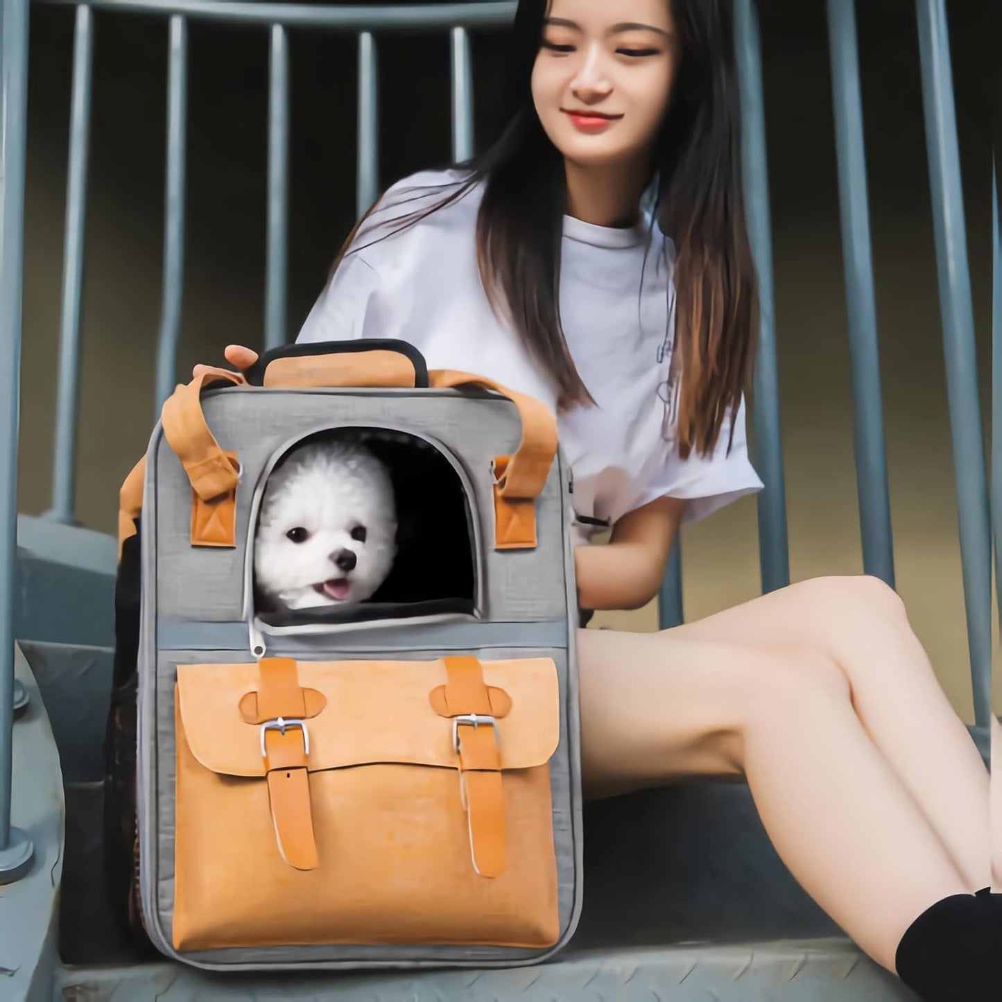 Pet Carrier Backpack, Cat Small Dog Backpack Carrier for Traveling Hiking Outdoor with Ventilated Mesh Straps Premium Oxford Cloth Leather Buckle(Orange) (HP001)