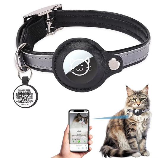 Airtag Holder Cat Collar with QR Tag, Cat Accessories Reflective PU Leather Kitten Collars, Cat ID Tag, Safety Elastic Bands
