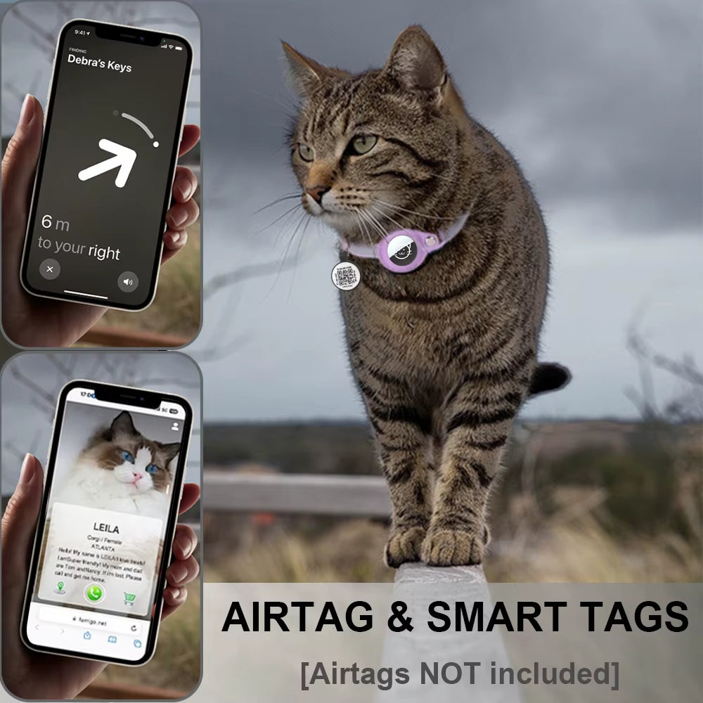 Airtag Holder Cat Collar with QR Tag, Cat Accessories Reflective PU Leather Kitten Collars, Cat ID Tag, Safety Elastic Bands