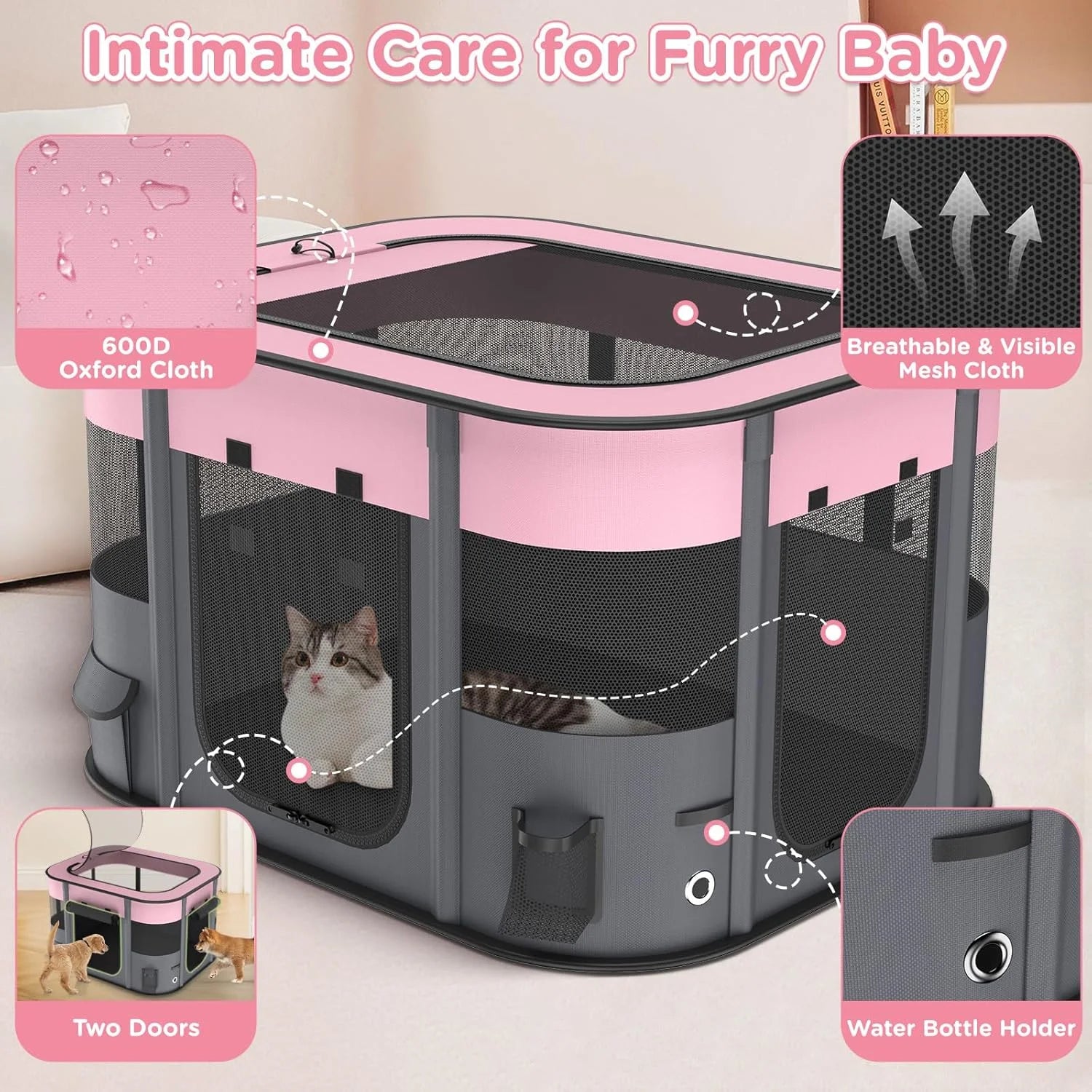 Pet Playpen for Dog Cat Rabbit, Portable Foldable Exercise Pen Tent, Breathable Shade Cover, Indoor Outdoor Travel Use