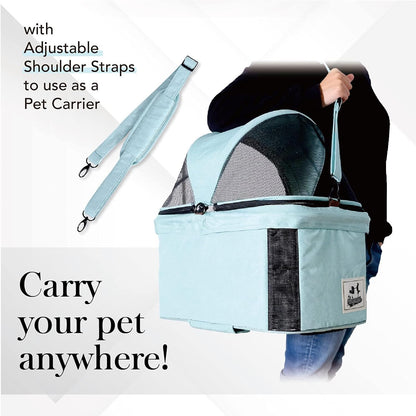 '- Travois Dog Stroller for Small Dogs and Cats - 3-In-1 Pet Stroller, Pet Carrier, and Carseat - Includes Storage Compartement and Basket, Brakes, and Double Sided Mesh Window - Light Green