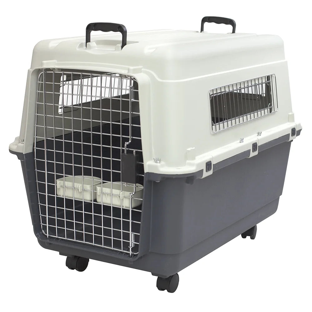 Plastic Kennel for Dogs, Wire Door, IATA Airline Approved, Travel Crate, with Wheels, Gray, Large, 32" L X 22" W X 23" H