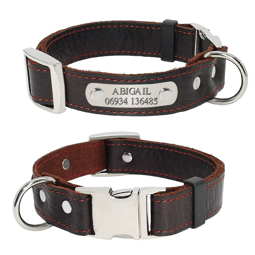 Customized Dog Collars Genuine Leather Dog Puppy Nameplate Collar Adjustable Free Engraved Pet ID Tags for Small Medium Dogs