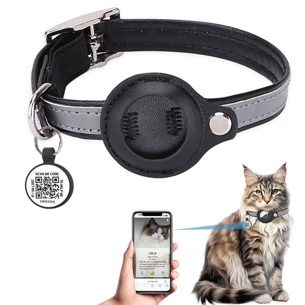 Airtag Holder Cat Collar with QR Tag, Cat Accessories Reflective PU Leather Kitten Collars, Cat ID Tag, Safety Elastic Bands