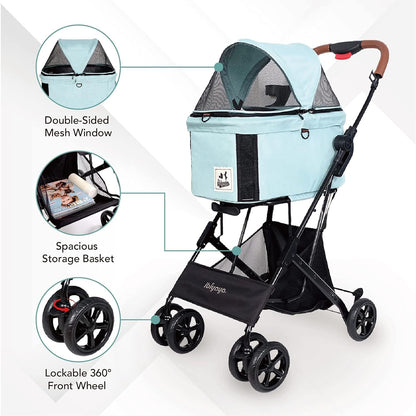 '- Travois Dog Stroller for Small Dogs and Cats - 3-In-1 Pet Stroller, Pet Carrier, and Carseat - Includes Storage Compartement and Basket, Brakes, and Double Sided Mesh Window - Light Green
