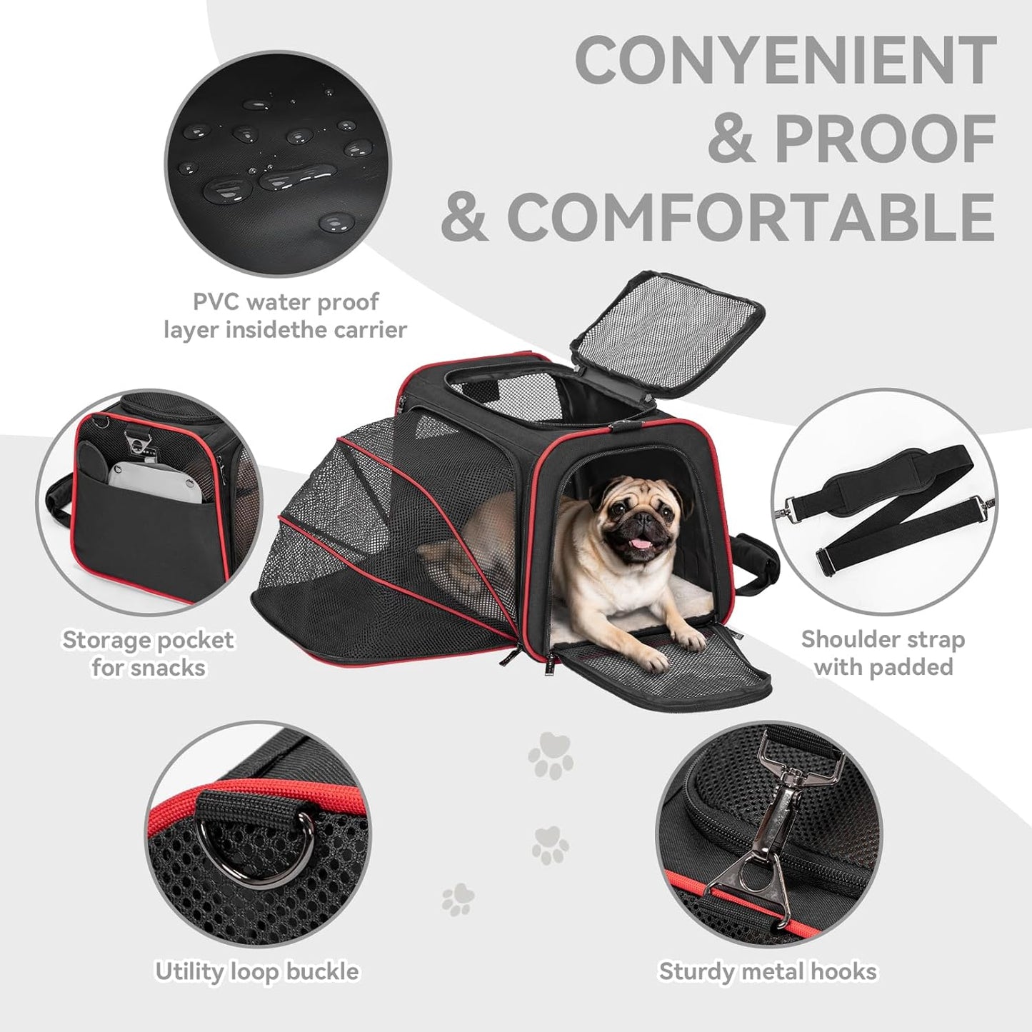 Expandable Dog Carrier Large Cat Carrier, Soft-Sided Portable Collapsible Pet Travel Carrier for Kittens, Puppies or Small Animals, 19 X12X12 Inches, Black
