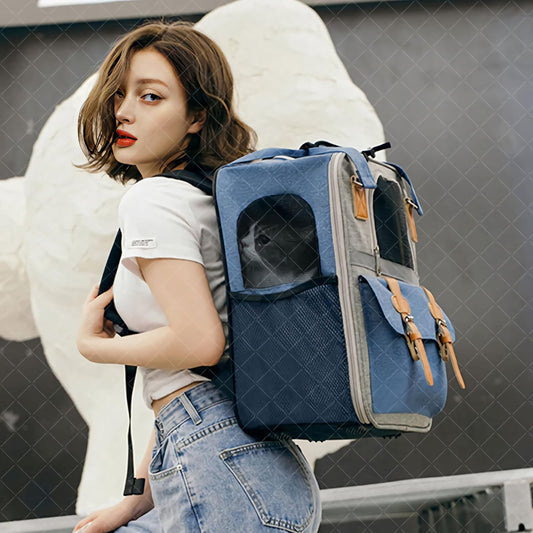 Pet Carrier Backpack, Cat Small Dog Backpack Carrier for Traveling Hiking Outdoor with Ventilated Mesh Straps Premium Oxford Cloth Leather Buckle(Blue) HP001