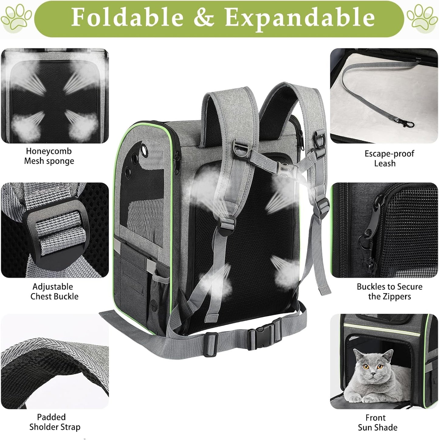 Cat Carrier Backpack, Large Cat Backpack Carrier Soft, Expandable Airline Approved Cat Carrier for Small Dogs Puppies Medium Cats Suitable for Hiking/Camping