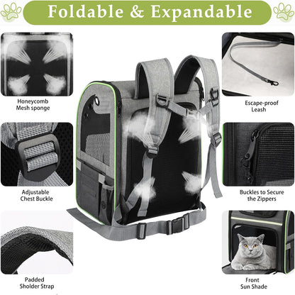 Cat Carrier Backpack, Large Cat Backpack Carrier Soft, Expandable Airline Approved Cat Carrier for Small Dogs Puppies Medium Cats Suitable for Hiking/Camping