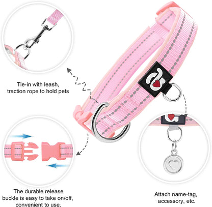 2 Pack Reflective Soft Neoprene Padded Dog Collars Adjustable Pet Collar with ID Tag Ring Safe and Comfy for Medium Dogs
