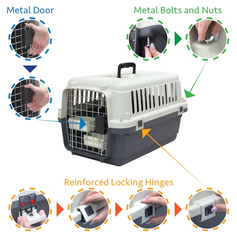 Plastic Kennel for Dogs & Cats, Wire Door, IATA Airline Approved, Travel Crate, No Wheels, Gray, Small, 24" L X 16" W X 16" H