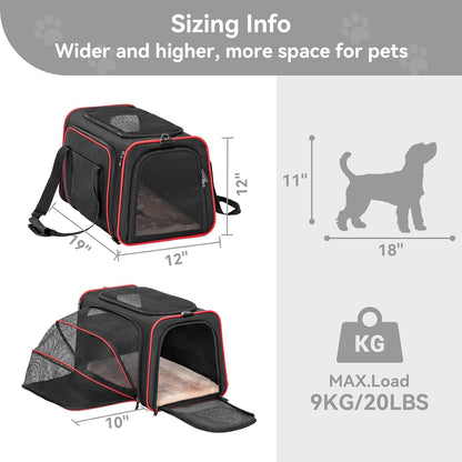 Expandable Dog Carrier Large Cat Carrier, Soft-Sided Portable Collapsible Pet Travel Carrier for Kittens, Puppies or Small Animals, 19 X12X12 Inches, Black