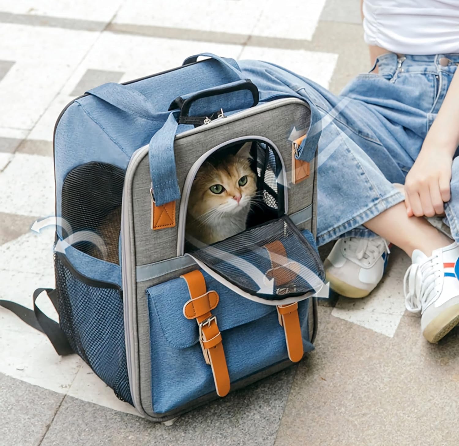 Pet Carrier Backpack, Cat Small Dog Backpack Carrier for Traveling Hiking Outdoor with Ventilated Mesh Straps Premium Oxford Cloth Leather Buckle(Blue) HP001