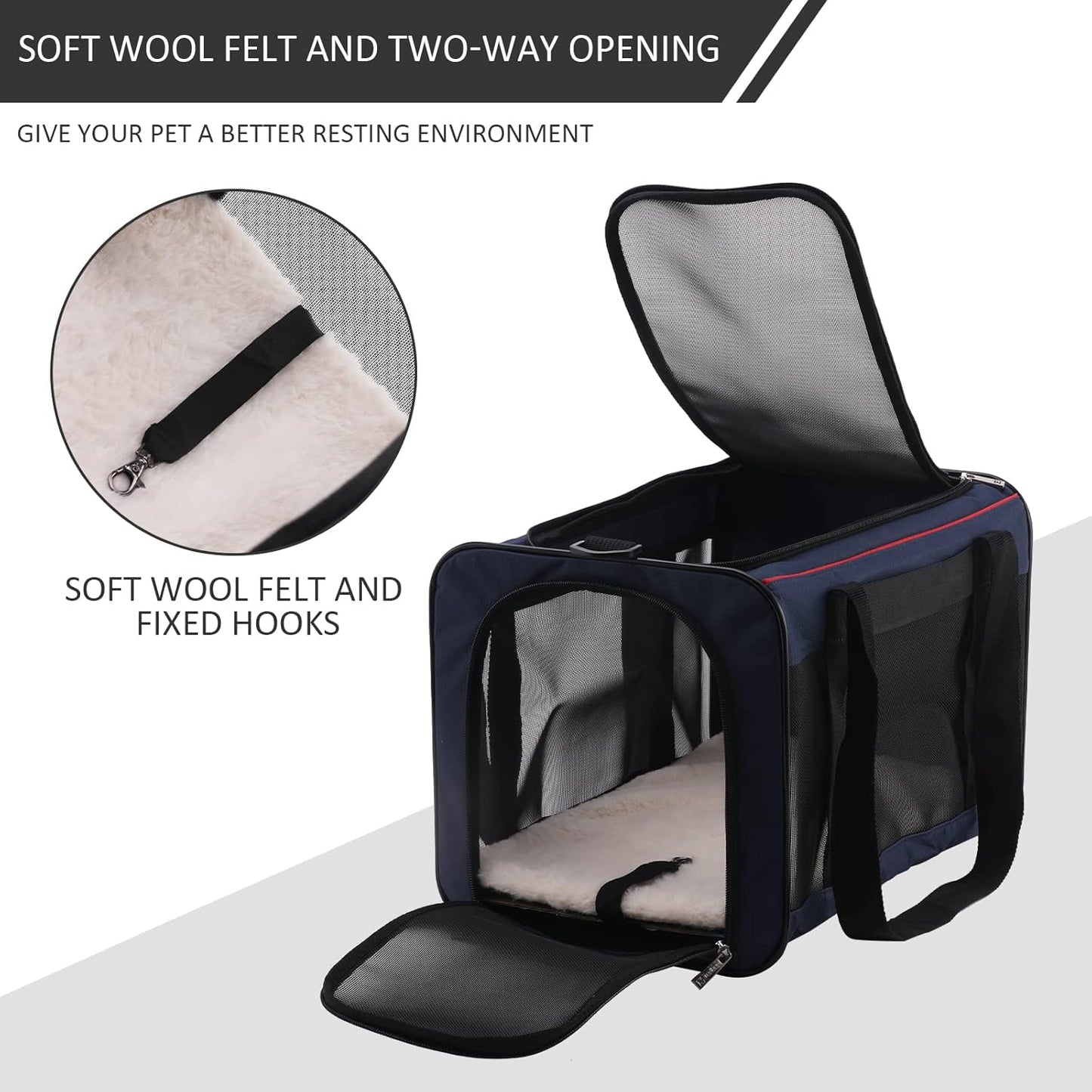 Foldable Cat & Dog Carrier - Durable Dog Travel Bag Airline Approved Pet Carrier 4-Sided Mesh Design Portable Dog Crate for Pets up to 17 Pounds with Soft Wool Felt