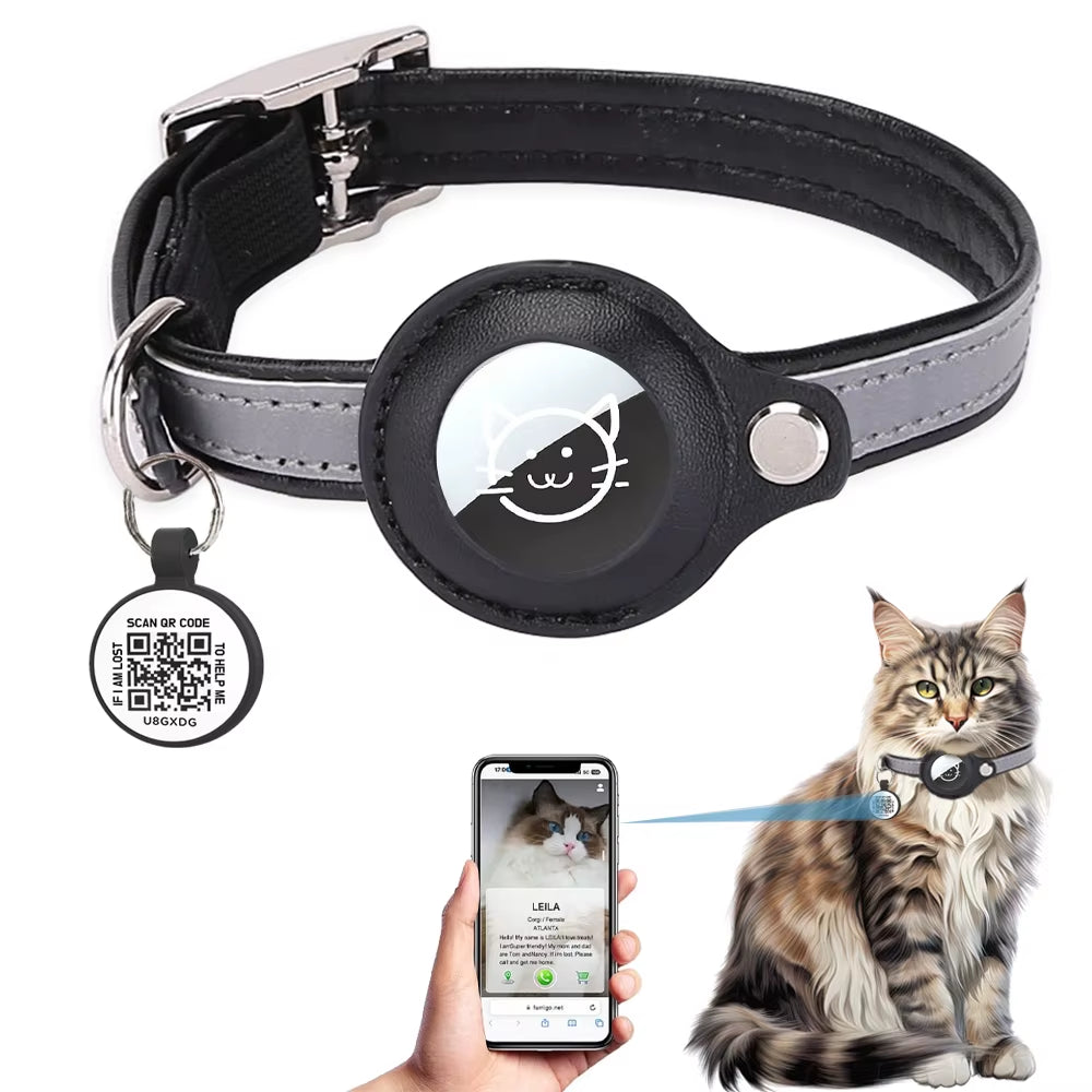 Airtag Holder Cat Collar with QR Tag, Cat Accessories Reflective PU Leather Kitten Collars, Cat ID Tag, Safety Elastic Bands