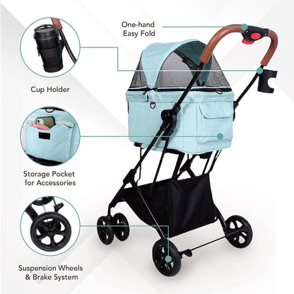 '- Travois Dog Stroller for Small Dogs and Cats - 3-In-1 Pet Stroller, Pet Carrier, and Carseat - Includes Storage Compartement and Basket, Brakes, and Double Sided Mesh Window - Light Green