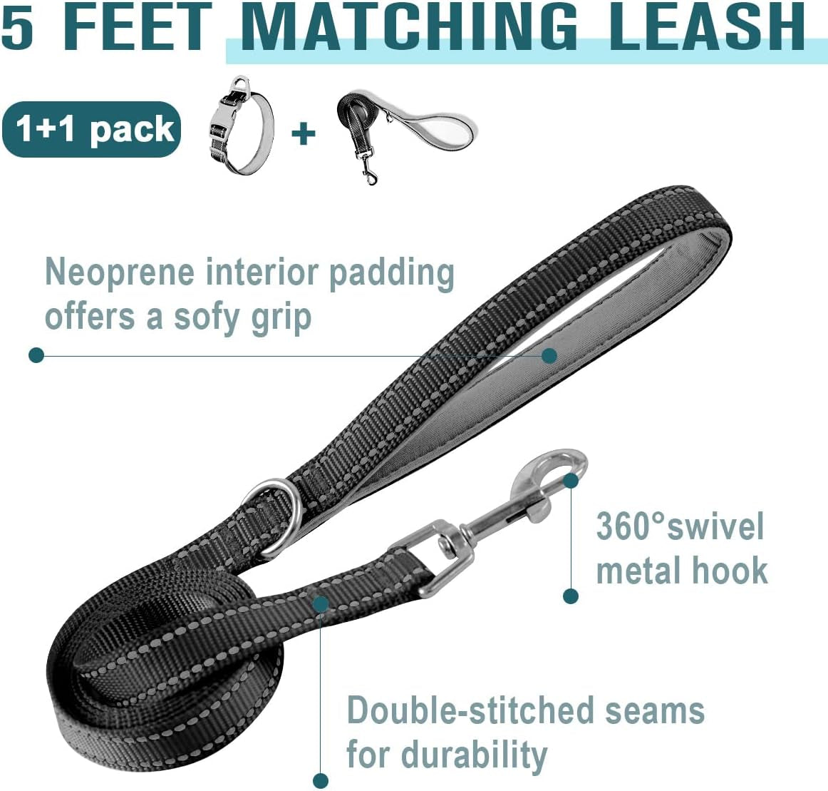 Dog Collar for Medium Small Large Dogs Reflective with Leash,Collar and Leash for Dogs,Soft Neoprene Padded 2 Pack(Black,M)