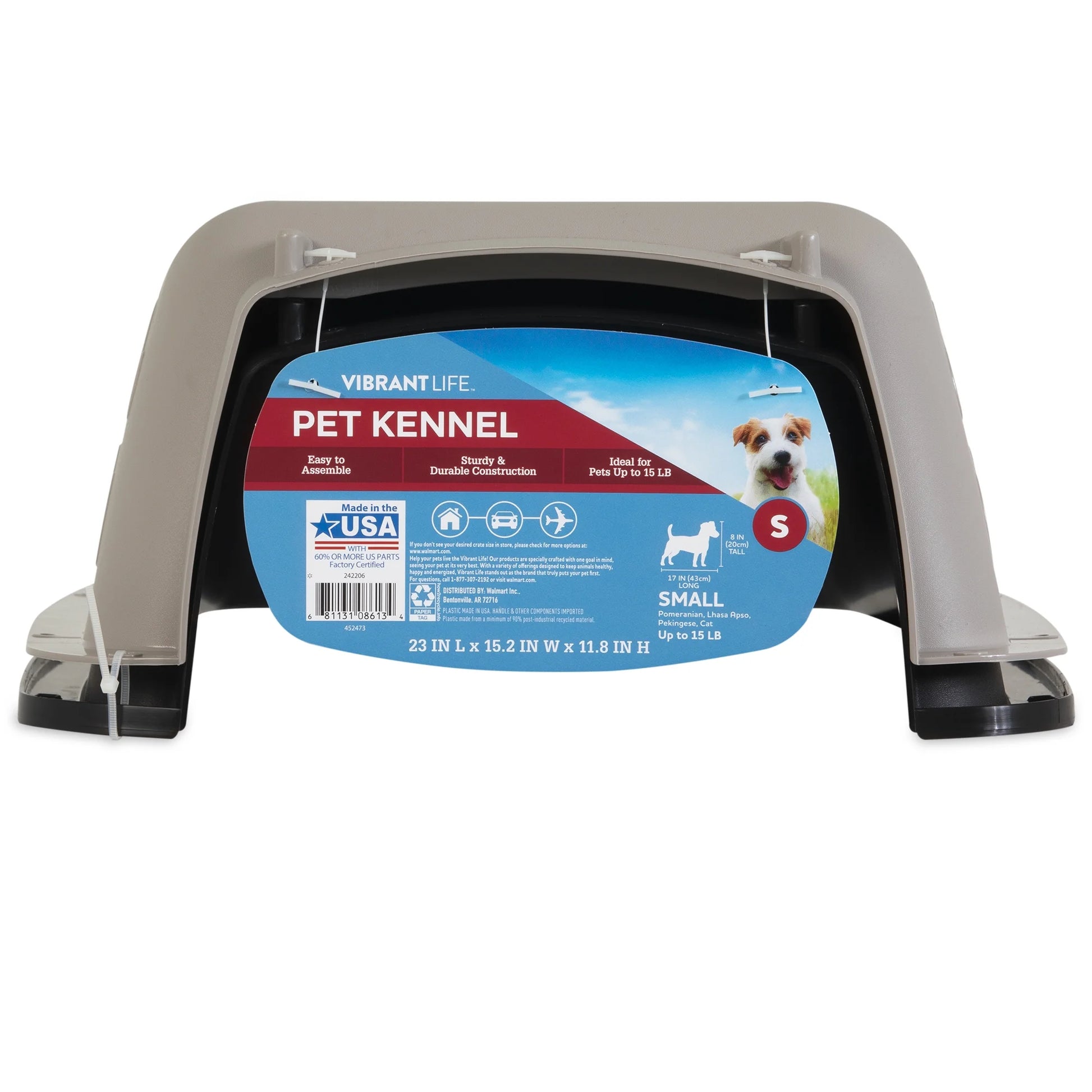 Pet Portable Kennel for Dogs, Hard-Sided Travel Carrier, Durable, Metal Door, Black & Grey, for Pets up to 15 Lbs, 23" L X 15.2" W X 11.8" H