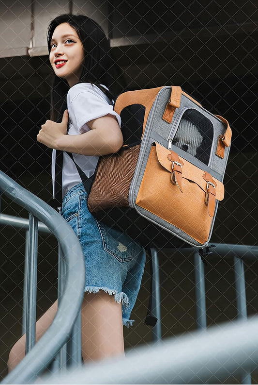 Pet Carrier Backpack, Cat Small Dog Backpack Carrier for Traveling Hiking Outdoor with Ventilated Mesh Straps Premium Oxford Cloth Leather Buckle(Orange) (HP001)