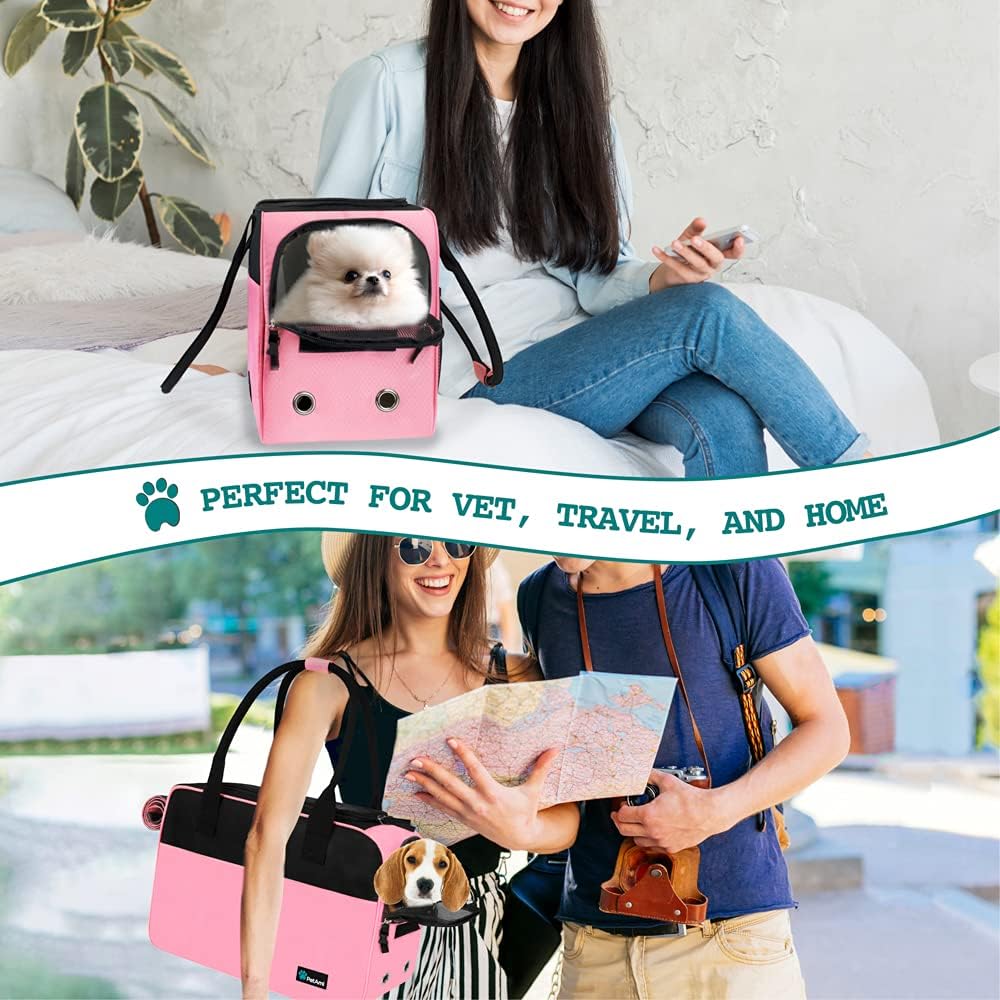 Dog Purse Carrier for Small Dogs, Airline Approved Soft Sided Pet Carrier with Pockets, Ventilated Dog Carrying Bag for Puppy Cat, Dog Travel Supplies Bag, Sherpa Bed, Max 12 Lbs, Pink