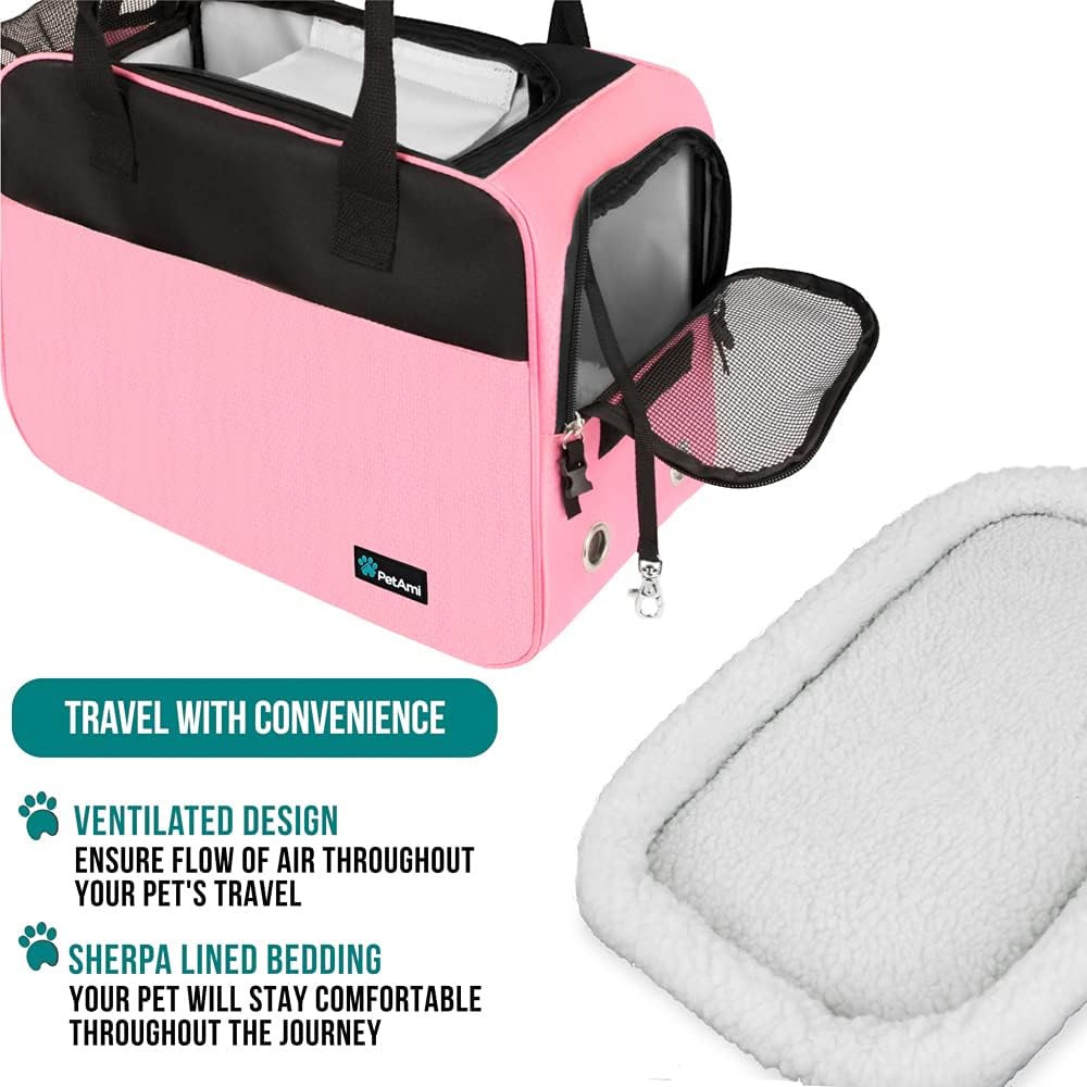 Dog Purse Carrier for Small Dogs, Airline Approved Soft Sided Pet Carrier with Pockets, Ventilated Dog Carrying Bag for Puppy Cat, Dog Travel Supplies Bag, Sherpa Bed, Max 12 Lbs, Pink