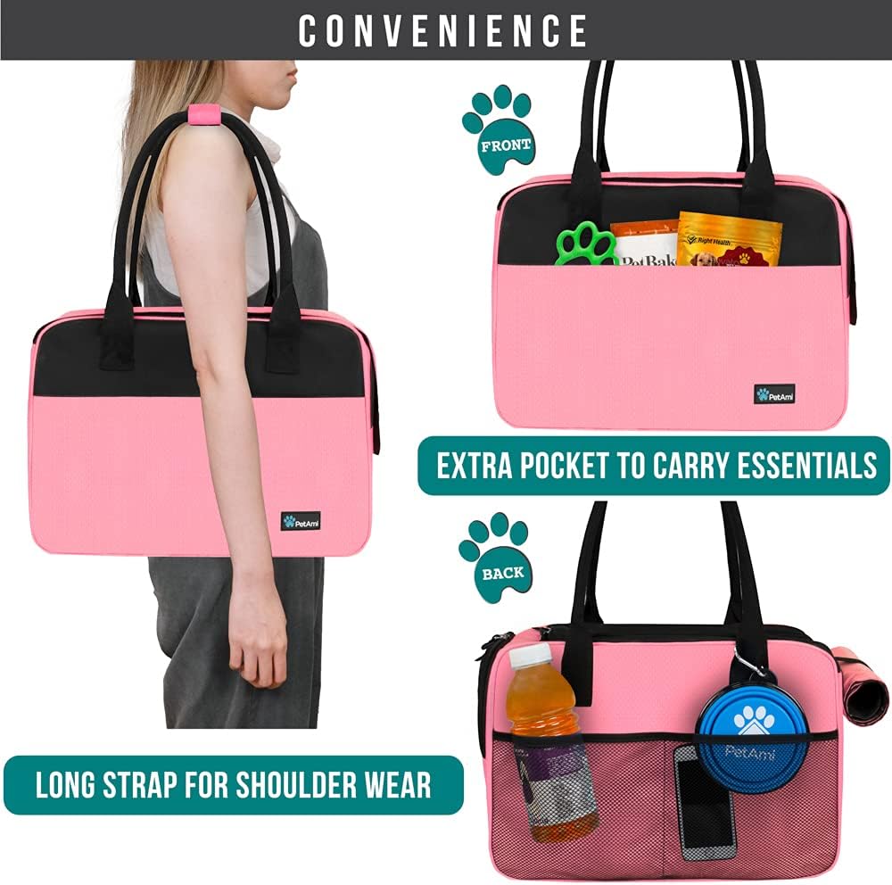 Dog Purse Carrier for Small Dogs, Airline Approved Soft Sided Pet Carrier with Pockets, Ventilated Dog Carrying Bag for Puppy Cat, Dog Travel Supplies Bag, Sherpa Bed, Max 12 Lbs, Pink