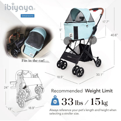 '- Travois Dog Stroller for Small Dogs and Cats - 3-In-1 Pet Stroller, Pet Carrier, and Carseat - Includes Storage Compartement and Basket, Brakes, and Double Sided Mesh Window - Light Green