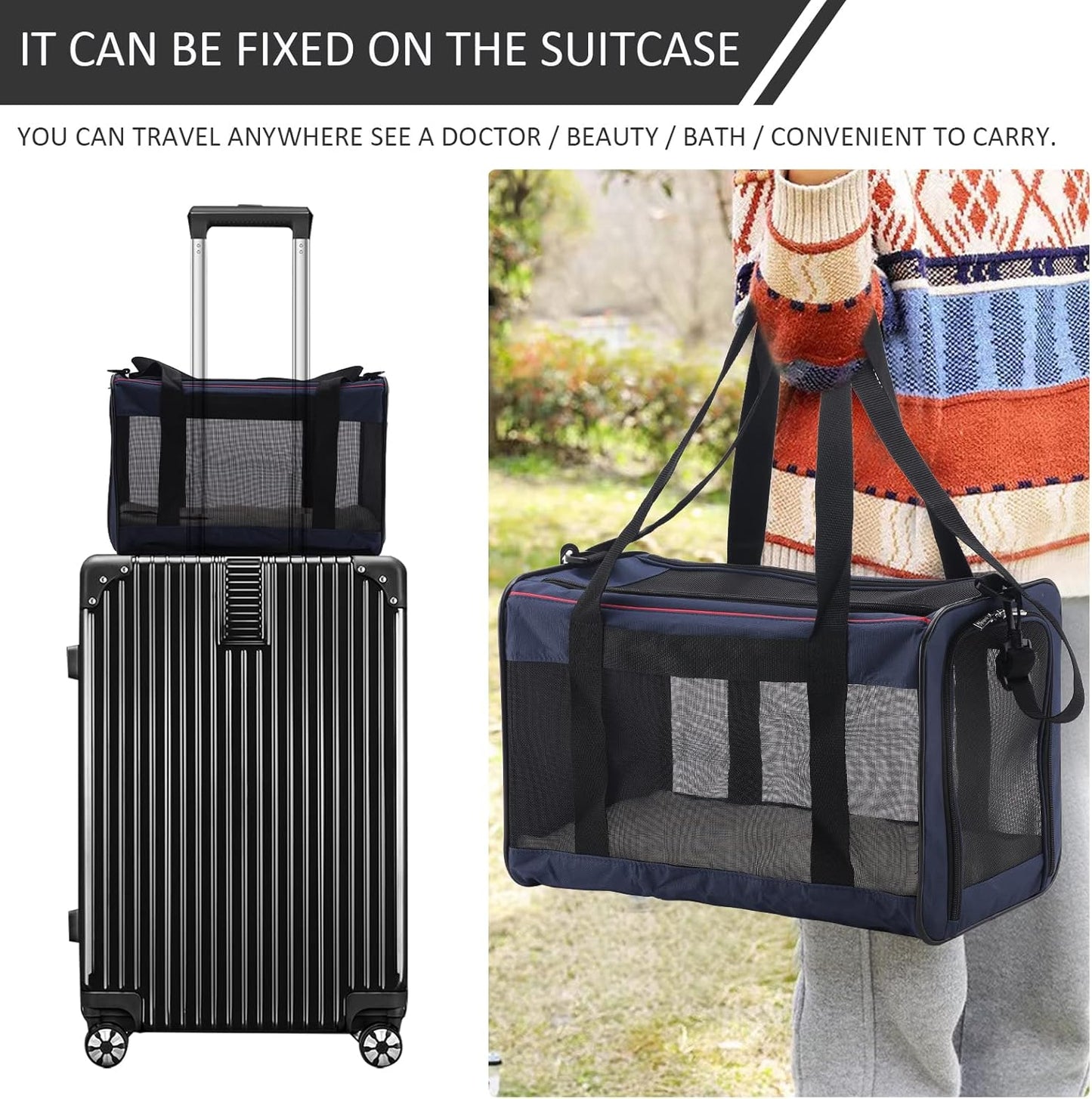 Foldable Cat & Dog Carrier - Durable Dog Travel Bag Airline Approved Pet Carrier 4-Sided Mesh Design Portable Dog Crate for Pets up to 17 Pounds with Soft Wool Felt
