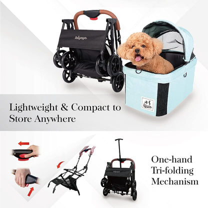 '- Travois Dog Stroller for Small Dogs and Cats - 3-In-1 Pet Stroller, Pet Carrier, and Carseat - Includes Storage Compartement and Basket, Brakes, and Double Sided Mesh Window - Light Green