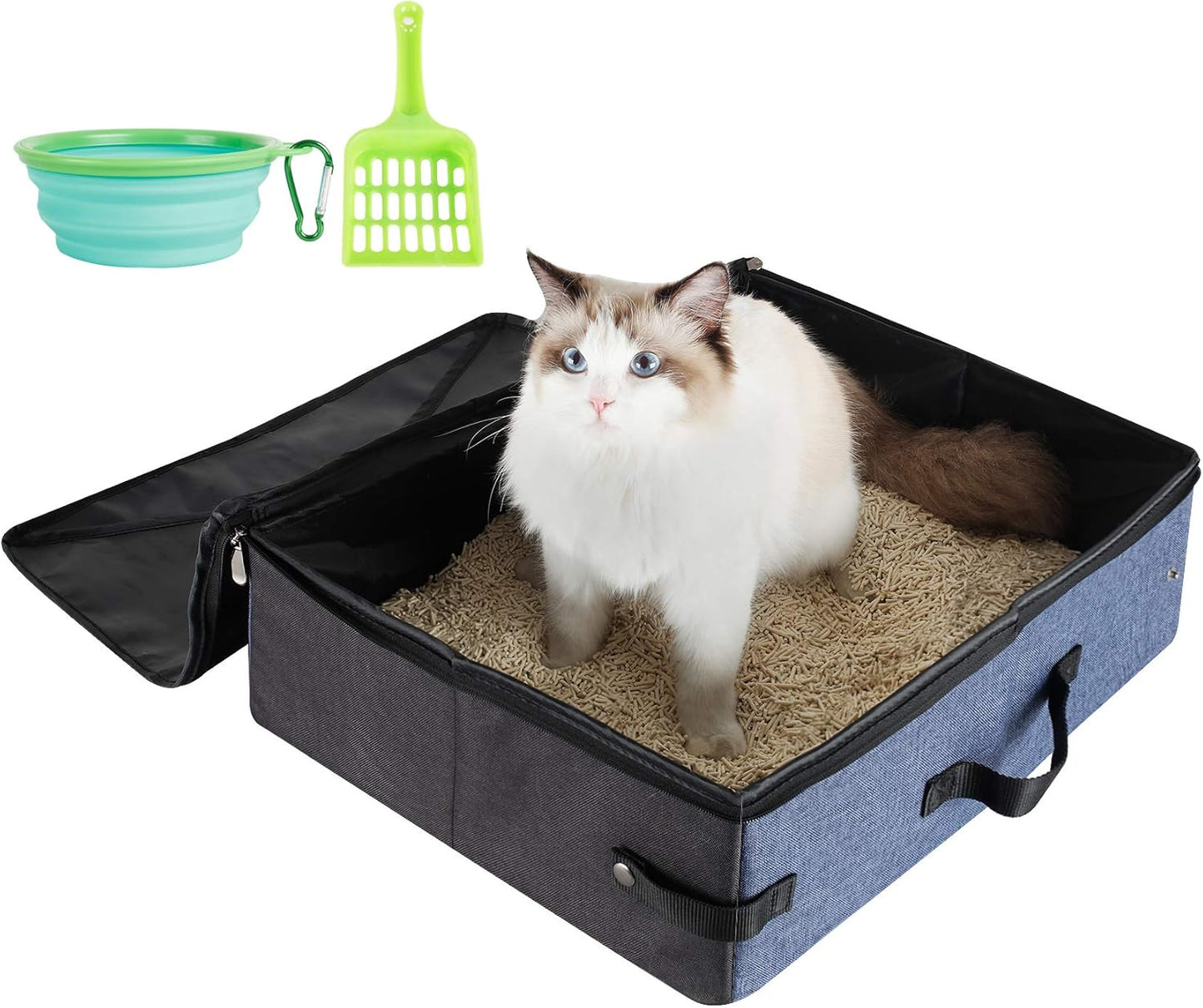 Hicaptain Portable Litter Box for Cats, Cat Travel Litter Box with Lid and Handle Standard Portable Collapsible Litter Carrier for Cat (M,Black/Gray)