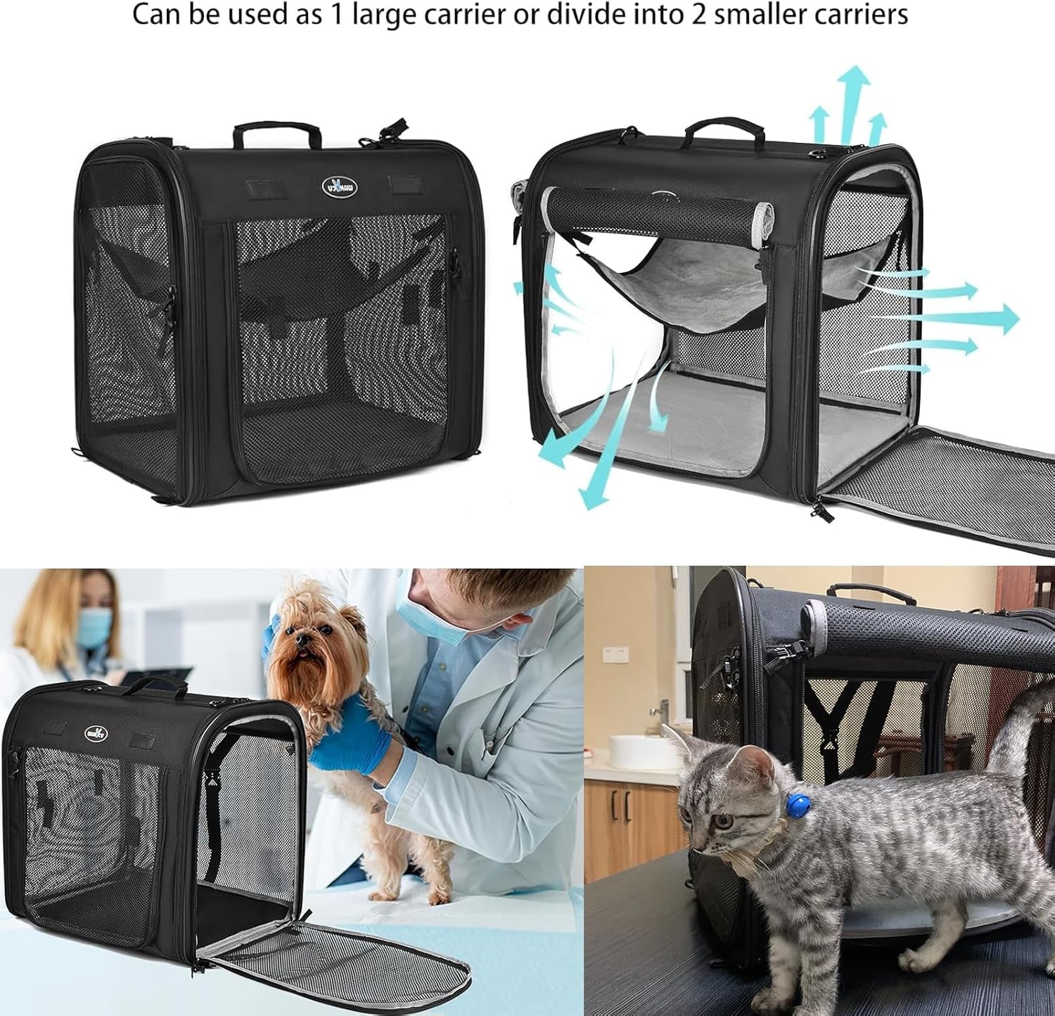 Portable 2-In-1 Pet Carrier for Medium Dogs Large Cat Carrier for 2 Cats Travel Double Dog Crate Set with Portable Carry Bag/Hammocks/Mats/Tent Stakes/2 Pcs Pet Bowls for Outdoor Camping