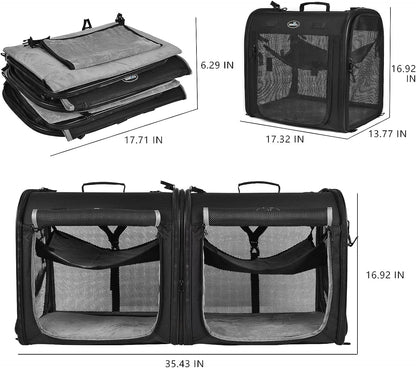 Portable 2-In-1 Pet Carrier for Medium Dogs Large Cat Carrier for 2 Cats Travel Double Dog Crate Set with Portable Carry Bag/Hammocks/Mats/Tent Stakes/2 Pcs Pet Bowls for Outdoor Camping