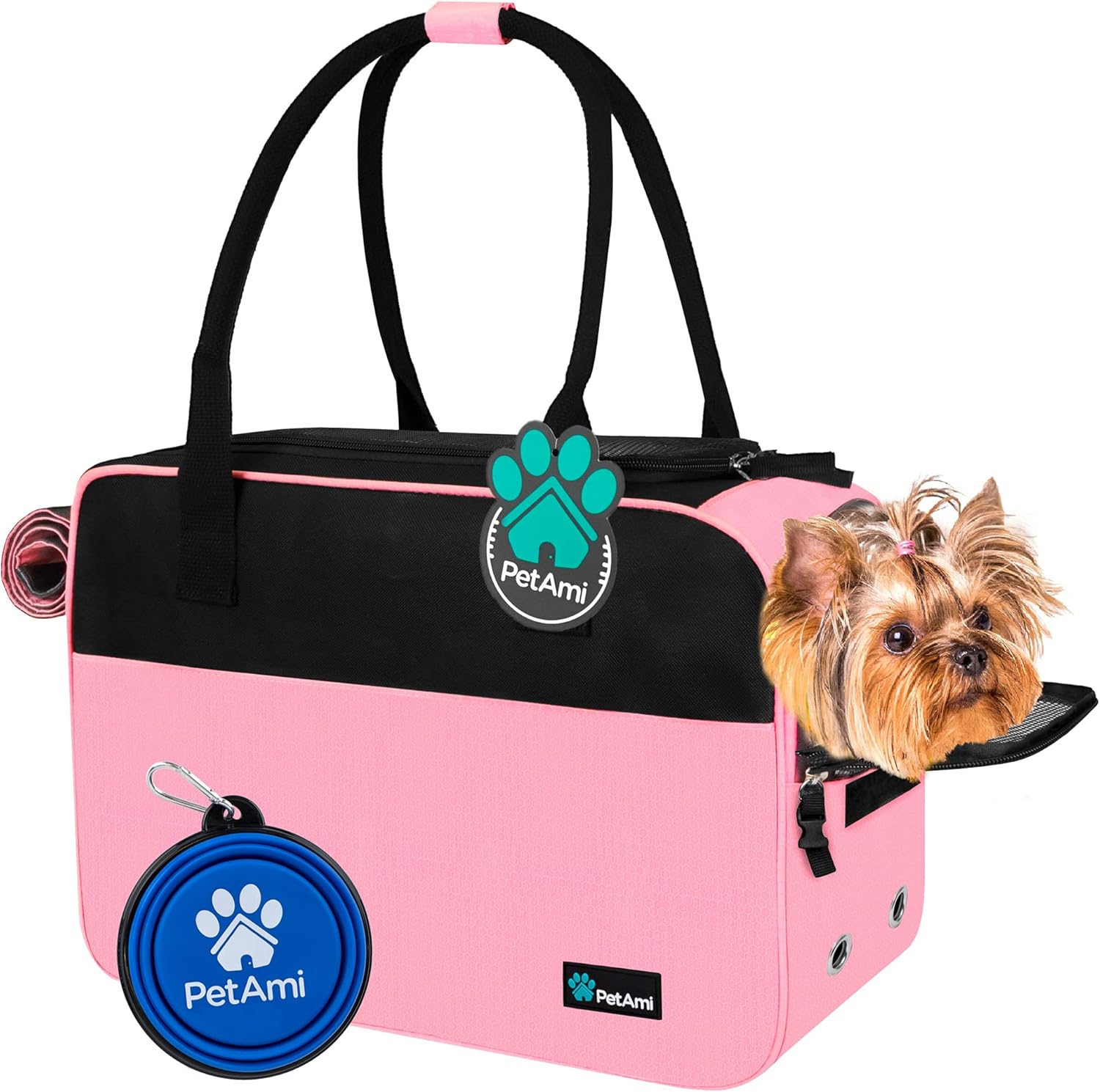 Dog Purse Carrier for Small Dogs, Airline Approved Soft Sided Pet Carrier with Pockets, Ventilated Dog Carrying Bag for Puppy Cat, Dog Travel Supplies Bag, Sherpa Bed, Max 12 Lbs, Pink