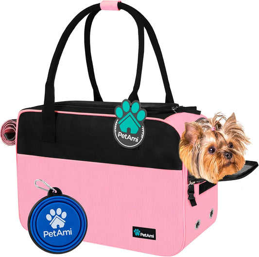 Dog Purse Carrier for Small Dogs, Airline Approved Soft Sided Pet Carrier with Pockets, Ventilated Dog Carrying Bag for Puppy Cat, Dog Travel Supplies Bag, Sherpa Bed, Max 12 Lbs, Pink
