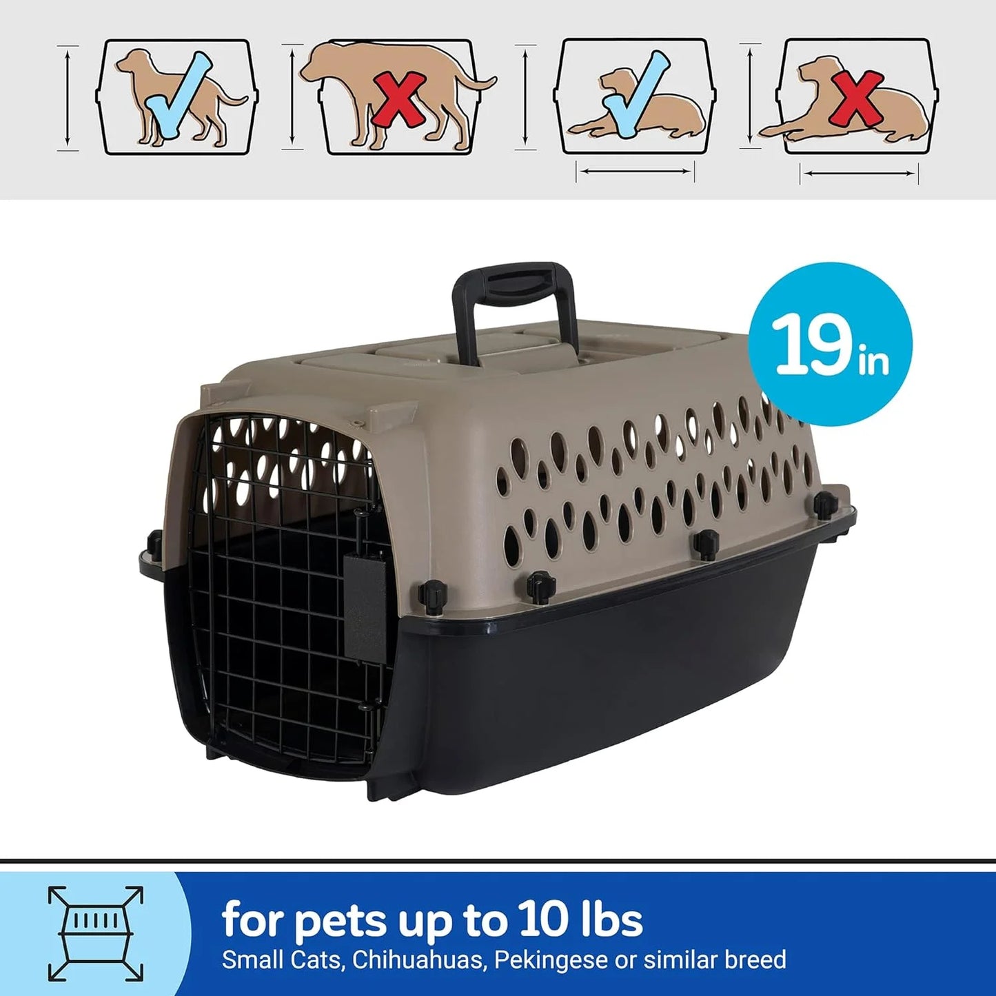 Pet Portable Kennel for Dogs, Hard-Sided Travel Carrier, Durable, Metal Door, Black & Grey, for Pets up to 10 Lbs, 19" L X 12.3" W X 10.8" H