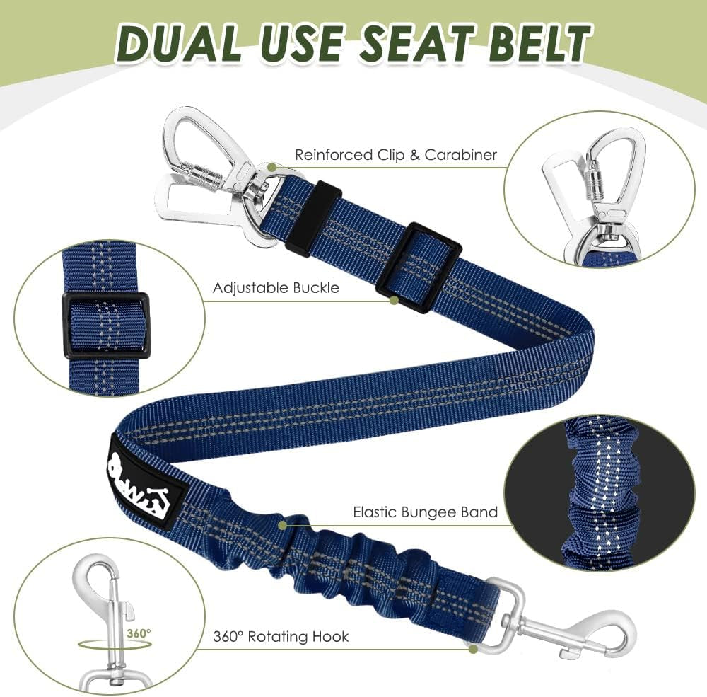 Dog Seat Belt - Adjustable Dog Car Harness for Large, Medium & Small Dogs, Soft Padded & Breathable Mesh Dog Seatbelt with Car Vehicle Connector Strap (Blue Double Clip, Medium)