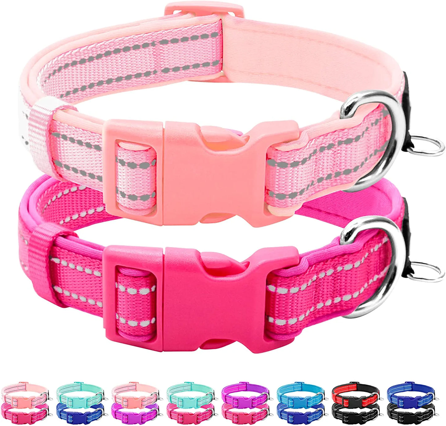 2 Pack Reflective Soft Neoprene Padded Dog Collars Adjustable Pet Collar with ID Tag Ring Safe and Comfy for Medium Dogs