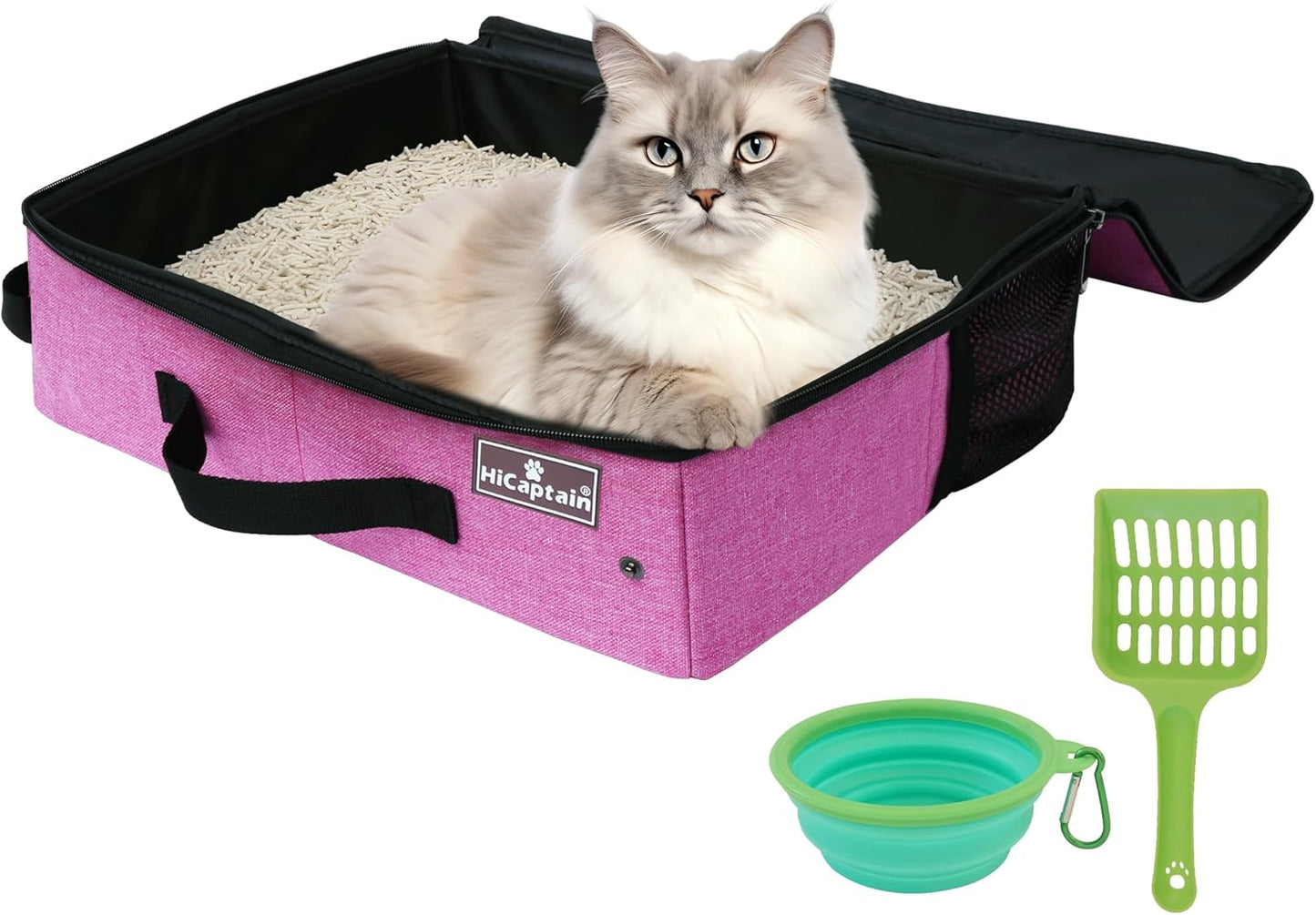 Hicaptain Portable Litter Box for Cats, Cat Travel Litter Box with Lid and Handle Standard Portable Collapsible Litter Carrier for Cat (M,Black/Gray)
