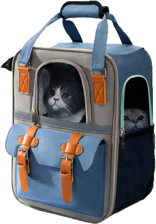 Pet Carrier Backpack, Cat Small Dog Backpack Carrier for Traveling Hiking Outdoor with Ventilated Mesh Straps Premium Oxford Cloth Leather Buckle(Blue) HP001