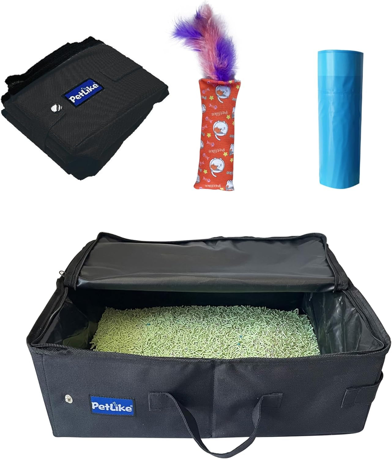 Petlike Travel Cat Litter Box, Leak-Proof Portable Litter Box, Collapsible Toilet Tray Carrier for Small Medium Cats (Medium, Black)