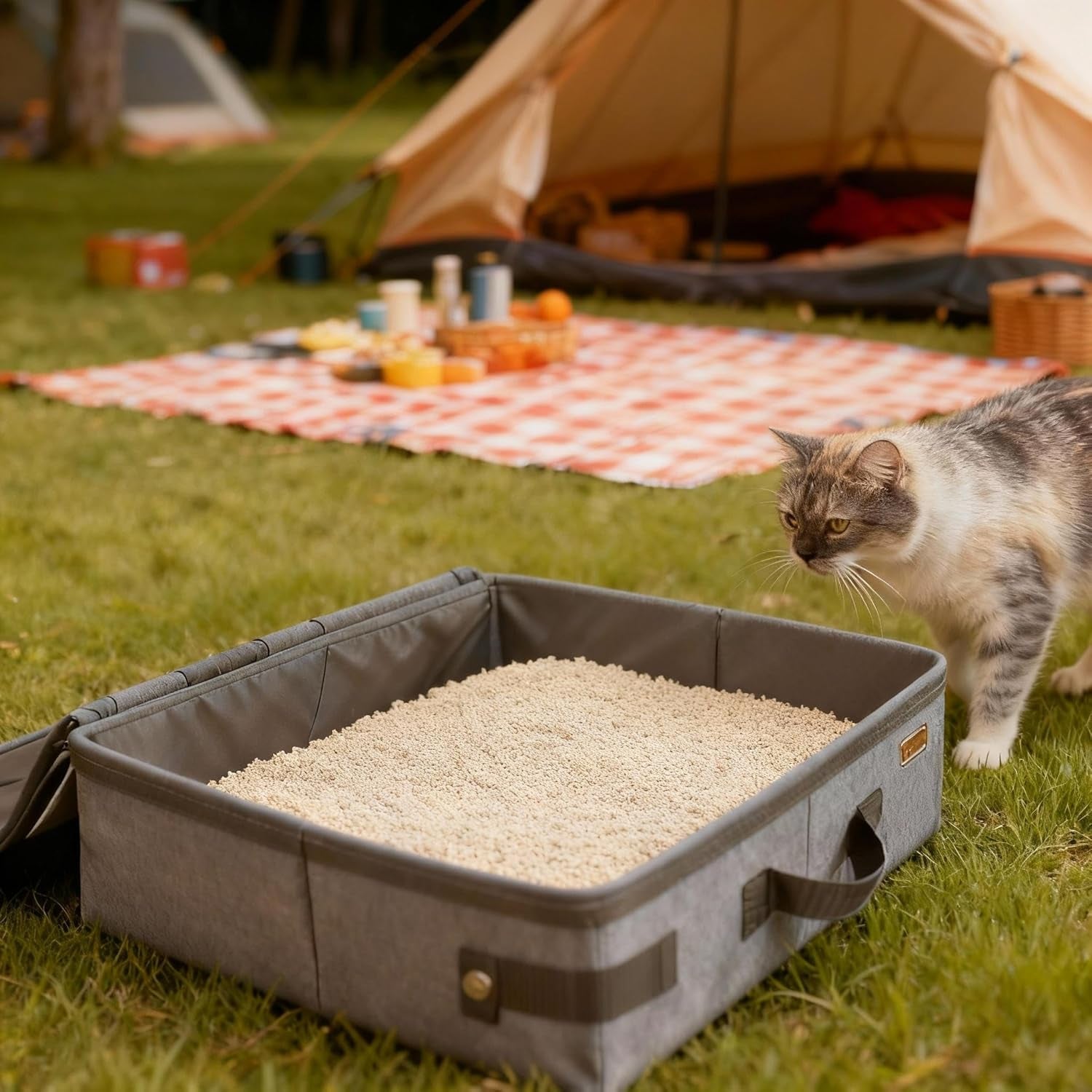 Hicaptain Portable Litter Box for Cats, Cat Travel Litter Box with Lid and Handle Standard Portable Collapsible Litter Carrier for Cat (M,Black/Gray)