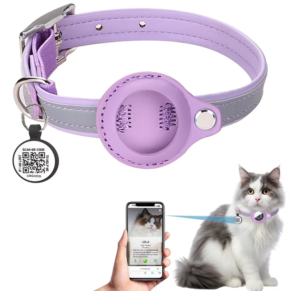 Airtag Holder Cat Collar with QR Tag, Cat Accessories Reflective PU Leather Kitten Collars, Cat ID Tag, Safety Elastic Bands