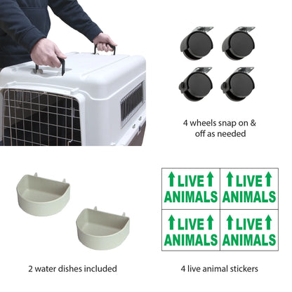 Plastic Kennel for Dogs, Wire Door, IATA Airline Approved, Travel Crate, with Wheels, Gray, Extra Extra Large, 40" L X 27" W X 30" H
