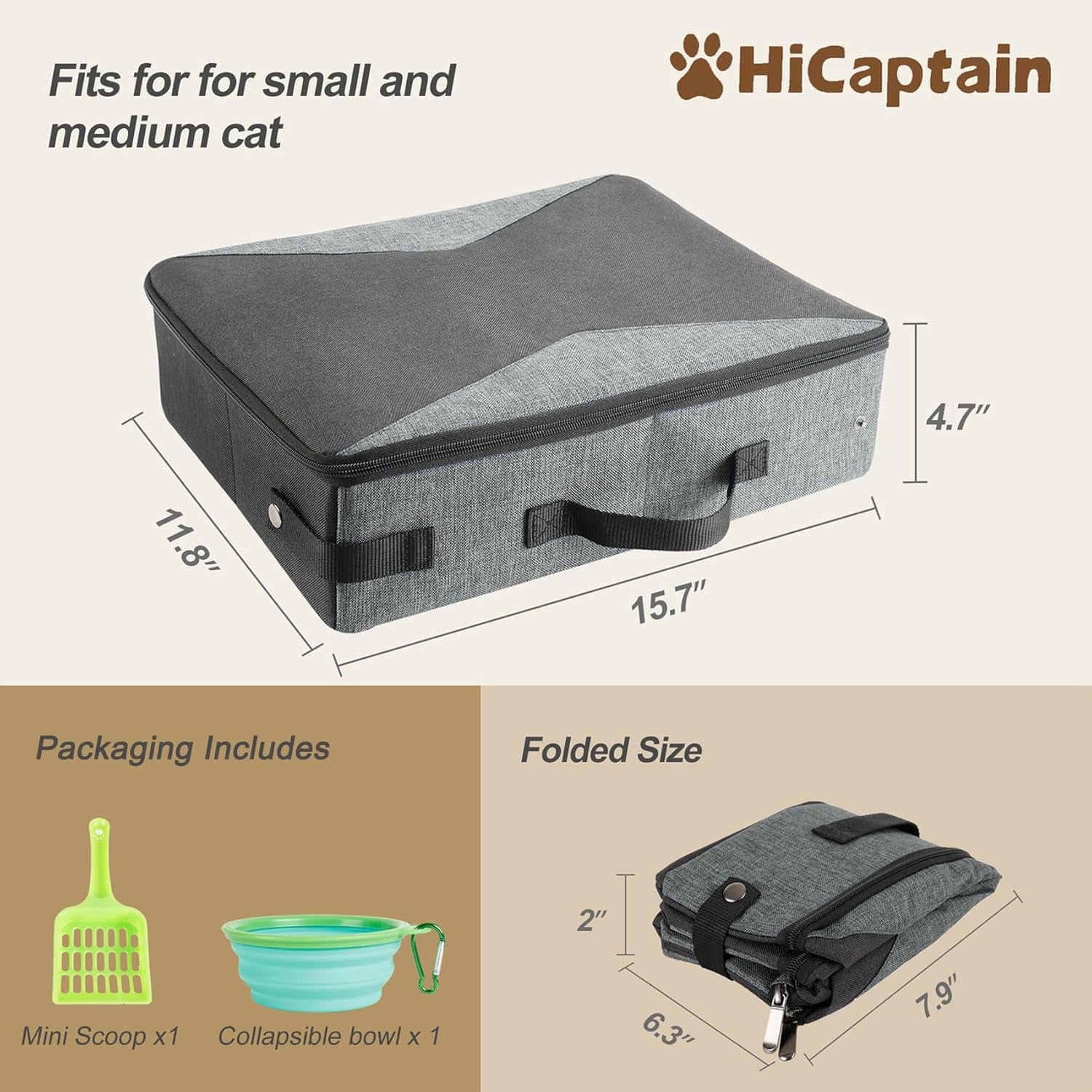 Hicaptain Portable Litter Box for Cats, Cat Travel Litter Box with Lid and Handle Standard Portable Collapsible Litter Carrier for Cat (M,Black/Gray)
