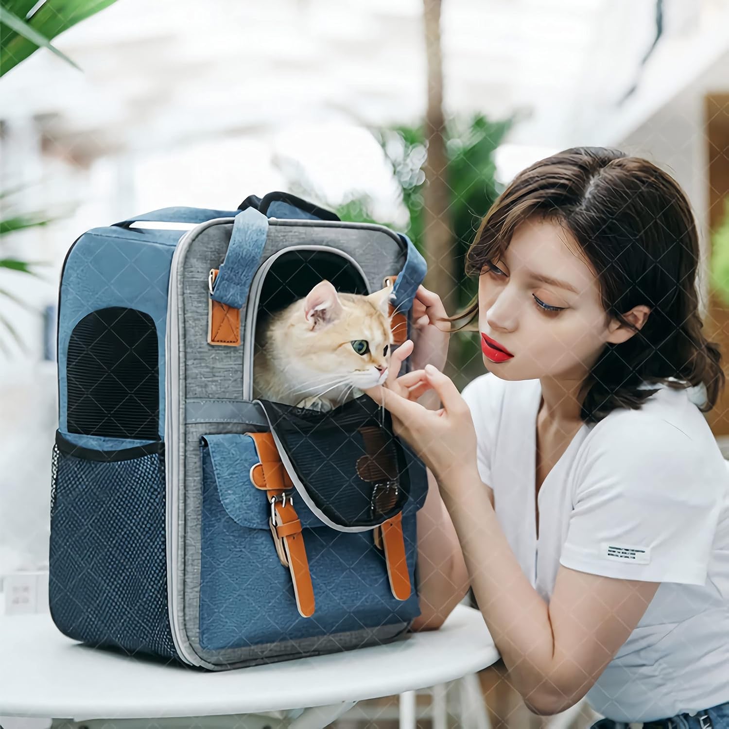 Pet Carrier Backpack, Cat Small Dog Backpack Carrier for Traveling Hiking Outdoor with Ventilated Mesh Straps Premium Oxford Cloth Leather Buckle(Blue) HP001