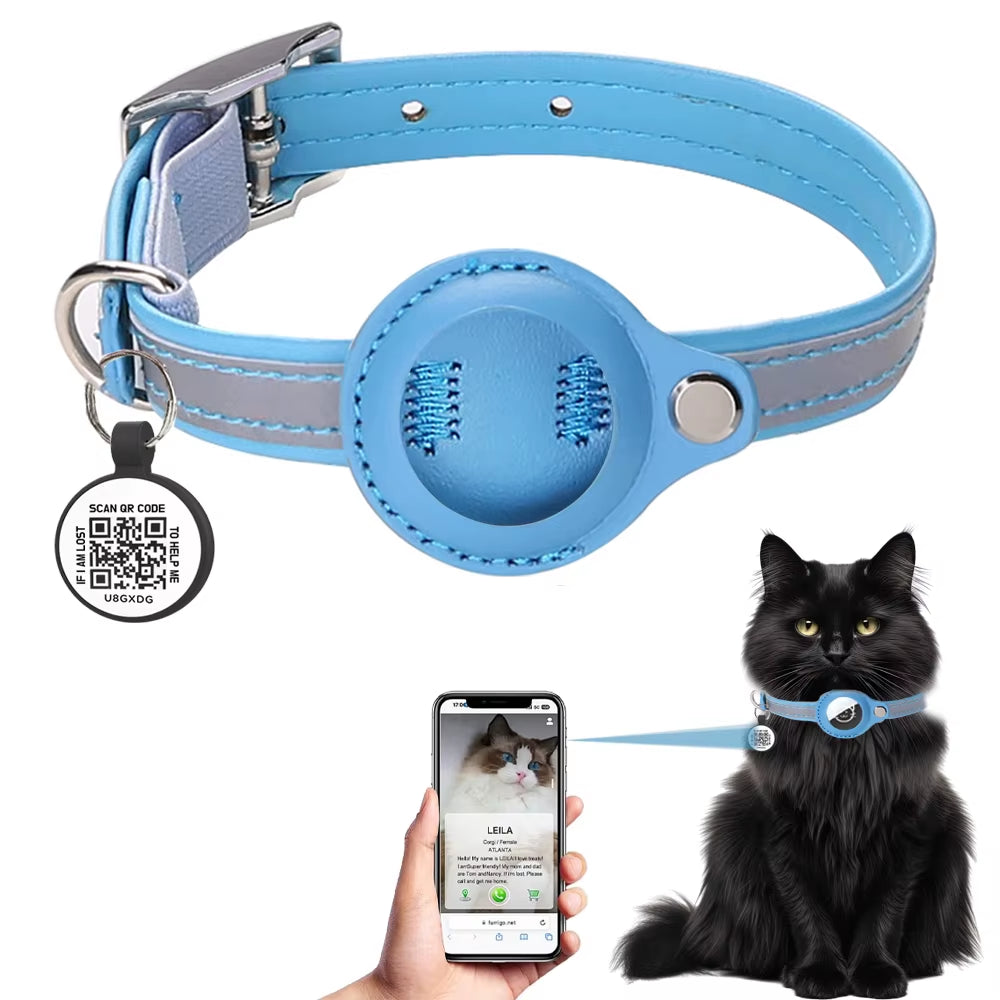Airtag Holder Cat Collar with QR Tag, Cat Accessories Reflective PU Leather Kitten Collars, Cat ID Tag, Safety Elastic Bands
