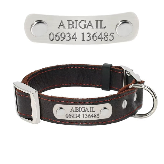Customized Dog Collars Genuine Leather Dog Puppy Nameplate Collar Adjustable Free Engraved Pet ID Tags for Small Medium Dogs