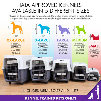 Plastic Kennel for Dogs, Wire Door, IATA Airline Approved, Travel Crate, with Wheels, Gray, Large, 32" L X 22" W X 23" H