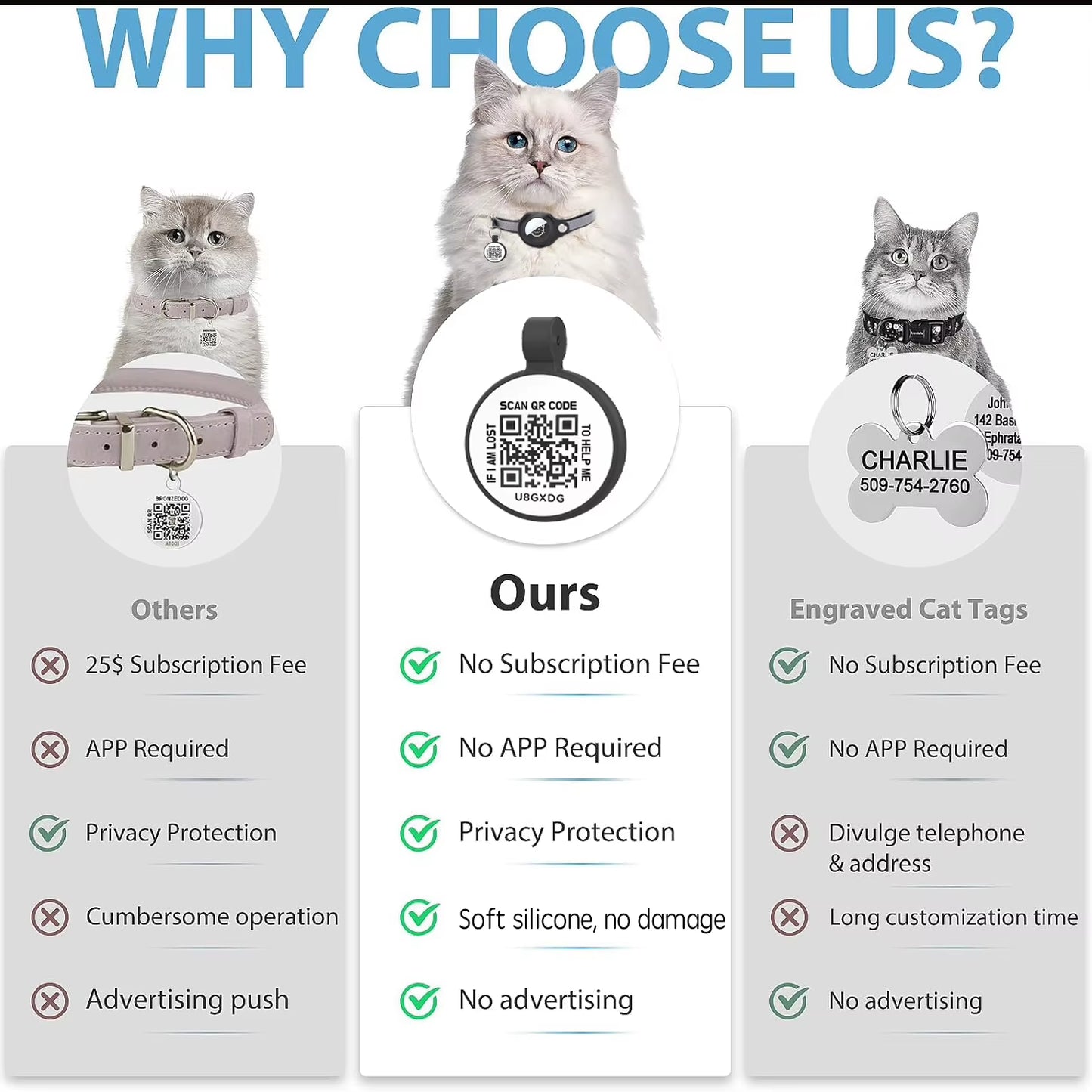 Airtag Holder Cat Collar with QR Tag, Cat Accessories Reflective PU Leather Kitten Collars, Cat ID Tag, Safety Elastic Bands