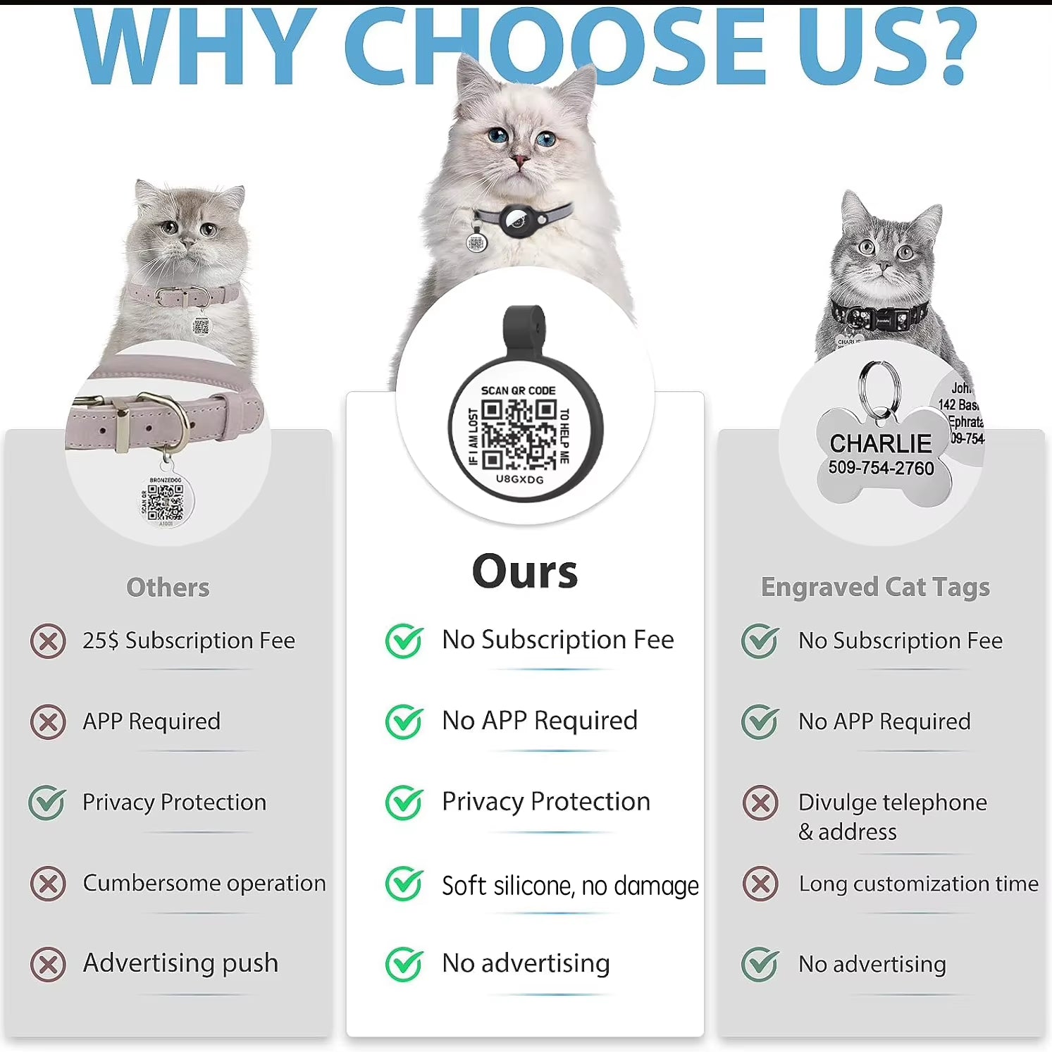 Airtag Holder Cat Collar with QR Tag, Cat Accessories Reflective PU Leather Kitten Collars, Cat ID Tag, Safety Elastic Bands